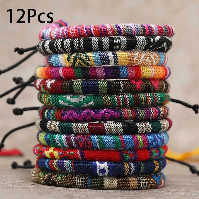 12-Piece Bohemian Bracelet Set – Adjustable Ethnic Style Bracelets for Women & Men