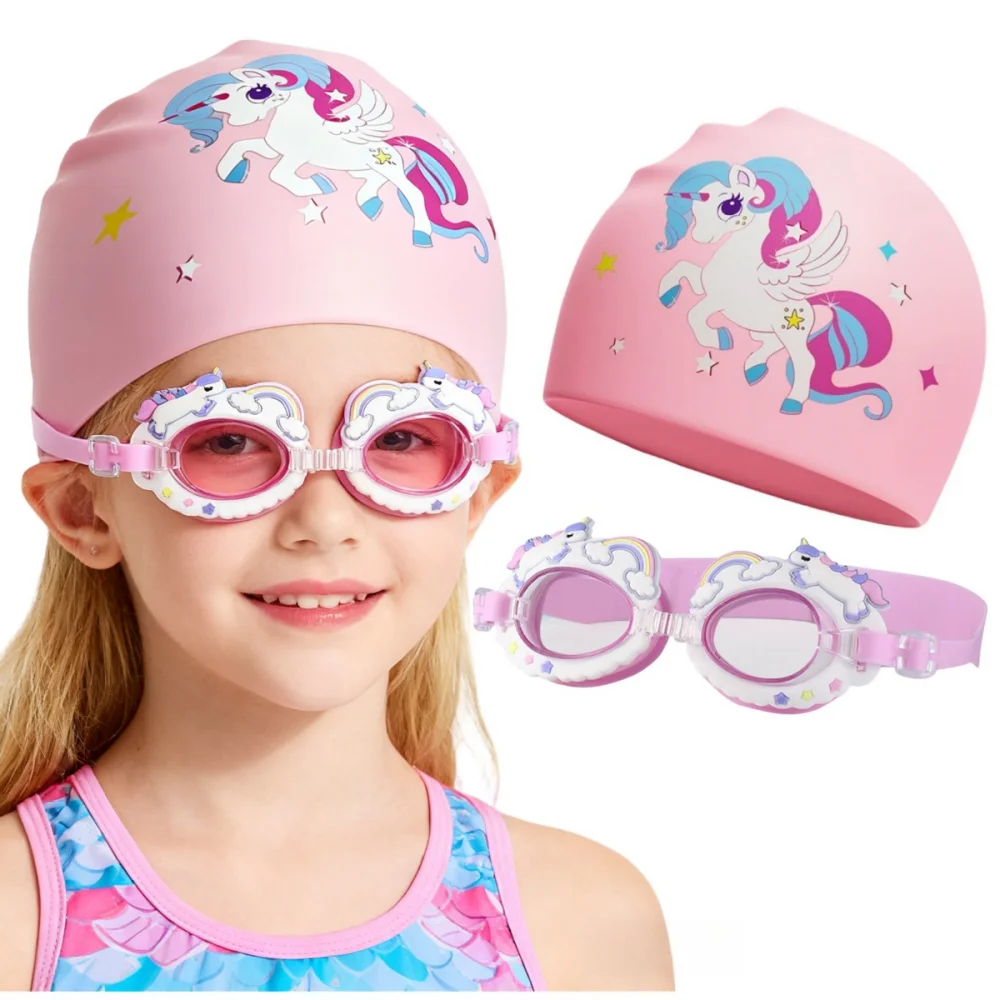 Children's Cartoon Unicorn Pink Swimming Goggles Underwater Waterproof and Anti-Fog Silicone Swimming Cap Swim Cap Goggles Set