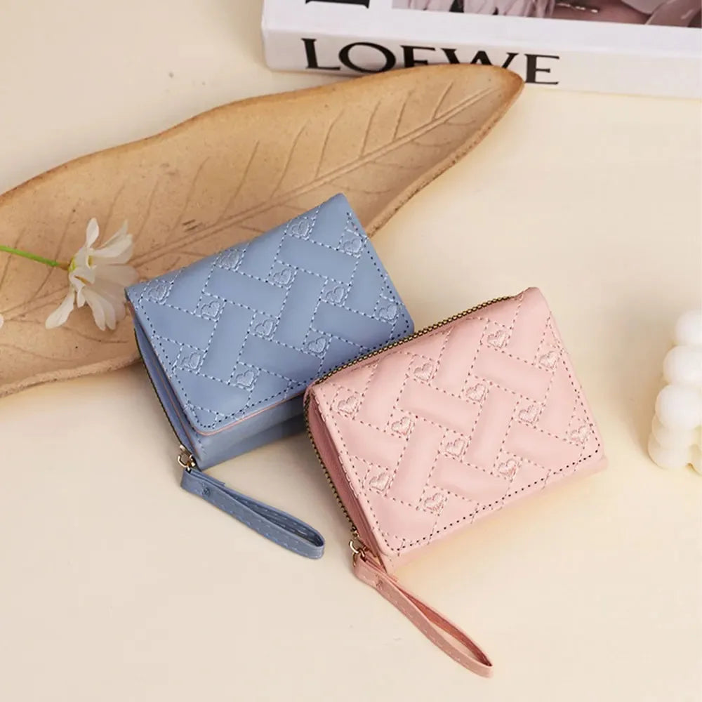 Fashion Heart Embroidered Short Wallet for Women, PU Leather Small Zipper Coin Purse, Cute Mini Card Holder