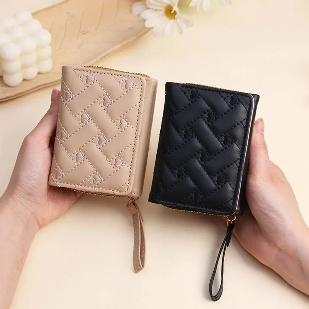 Fashion Heart Embroidered Short Wallet for Women, PU Leather Small Zipper Coin Purse, Cute Mini Card Holder