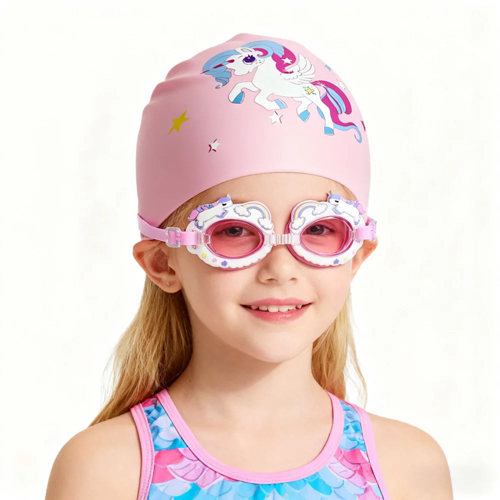 Children's Cartoon Unicorn Pink Swimming Goggles Underwater Waterproof and Anti-Fog Silicone Swimming Cap Swim Cap Goggles Set