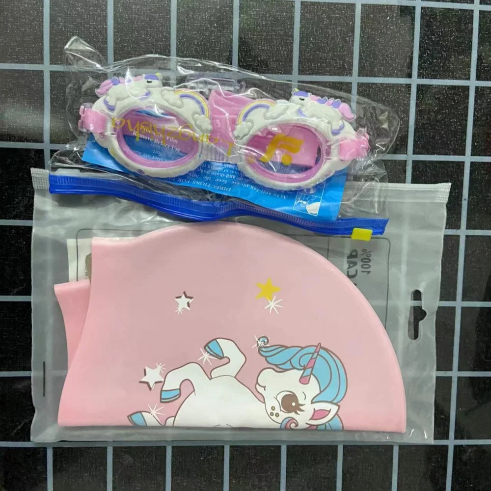Children's Cartoon Unicorn Pink Swimming Goggles Underwater Waterproof and Anti-Fog Silicone Swimming Cap Swim Cap Goggles Set