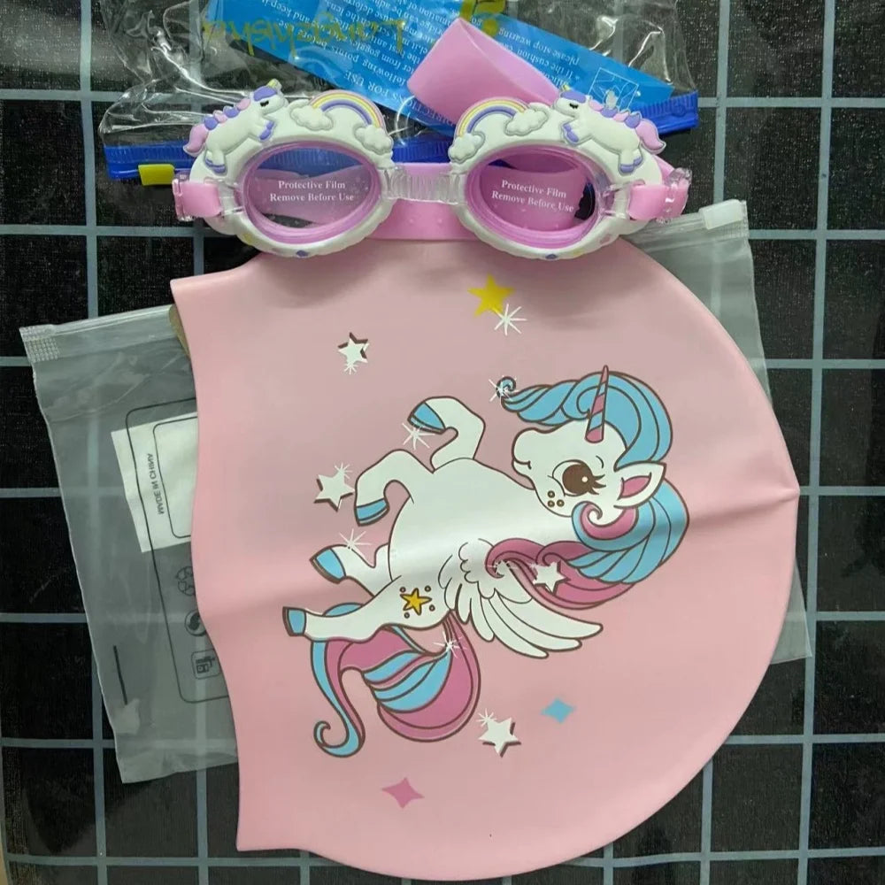 Children's Cartoon Unicorn Pink Swimming Goggles Underwater Waterproof and Anti-Fog Silicone Swimming Cap Swim Cap Goggles Set