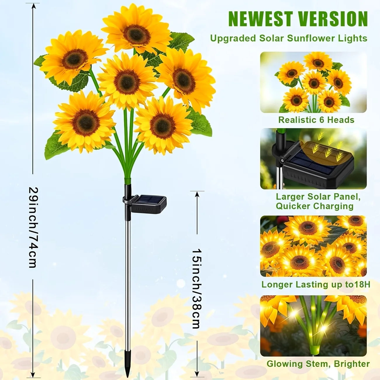 Solar Sunflower Garden Lights (2026 Upgraded) - IP65 Waterproof, Auto On/Off