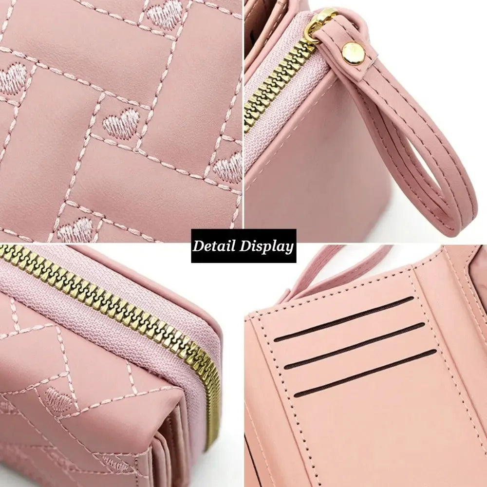 Fashion Heart Embroidered Short Wallet for Women, PU Leather Small Zipper Coin Purse, Cute Mini Card Holder