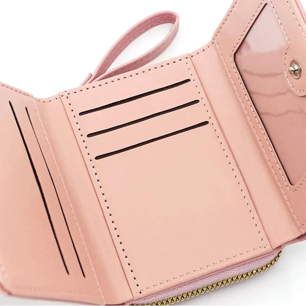 Fashion Heart Embroidered Short Wallet for Women, PU Leather Small Zipper Coin Purse, Cute Mini Card Holder
