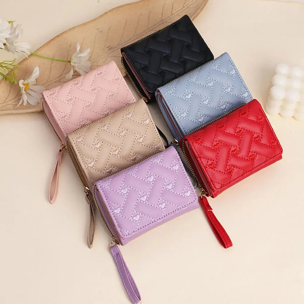 Fashion Heart Embroidered Short Wallet for Women, PU Leather Small Zipper Coin Purse, Cute Mini Card Holder