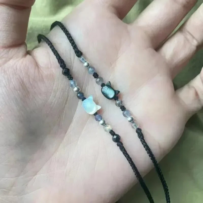 Natural Moonstone Obsidian Bracelets Couple Minimalist Bracelet Handmade Cute Black White Cat Bracelet Party Jewelry Gifts