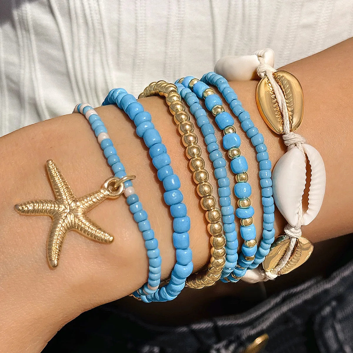 Bohemian Beach Bracelet Set – Layered Starfish & Shell Jewelry for Women
