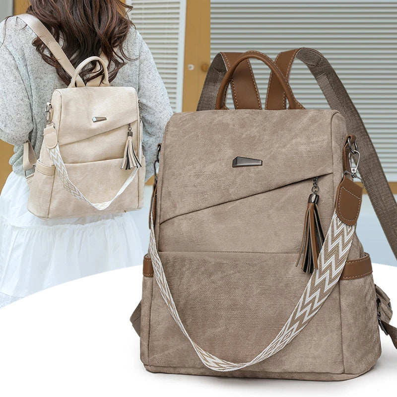 Women's PU Leather Backpack - Large Capacity Fashion Daypack with Tassel