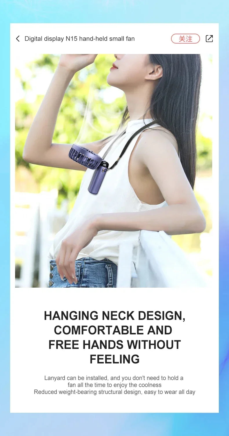 3-in-1 Neck Hanging & Handheld Fan with LED Display & Phone Stand