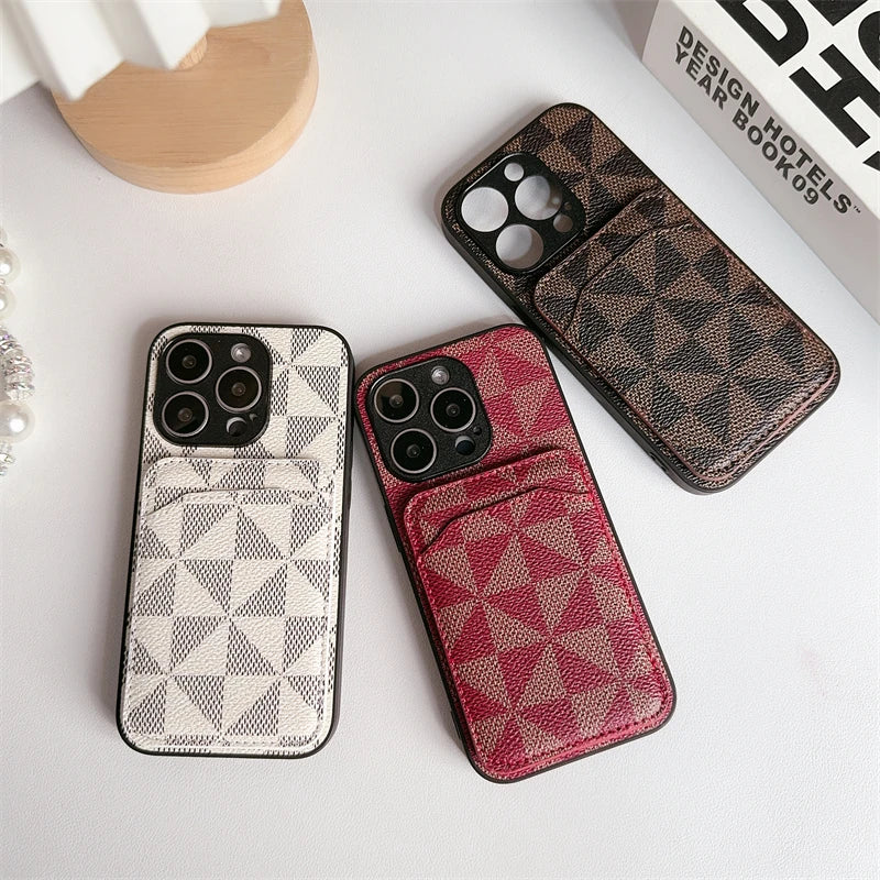 Luxury Triangular pattern Clip bag PU leather Case for iPhone 16 15 14 Phone Cover 13 12 11 Pro MAX Hard Shockproof Back Funda
