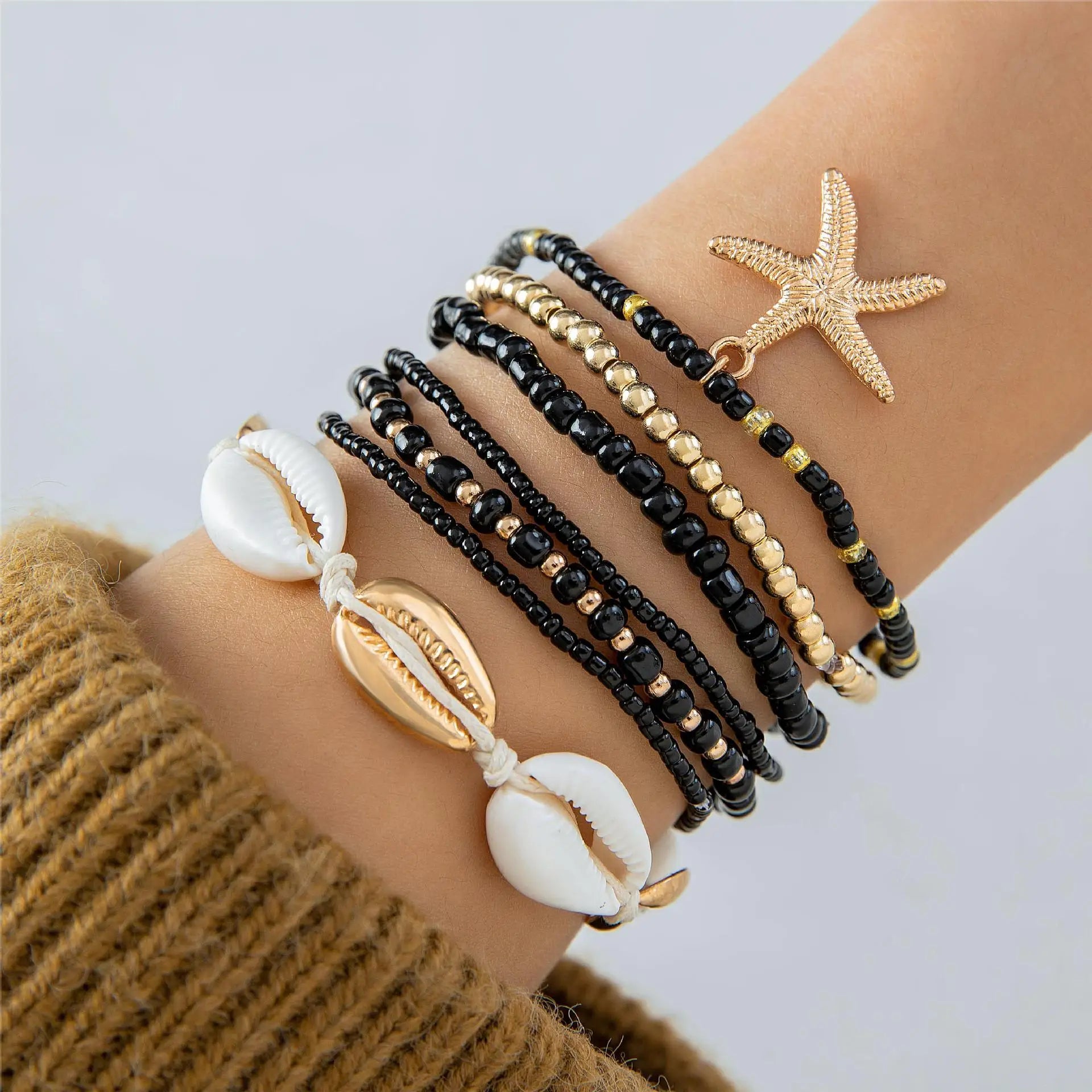 Bohemian Beach Bracelet Set – Layered Starfish & Shell Jewelry for Women