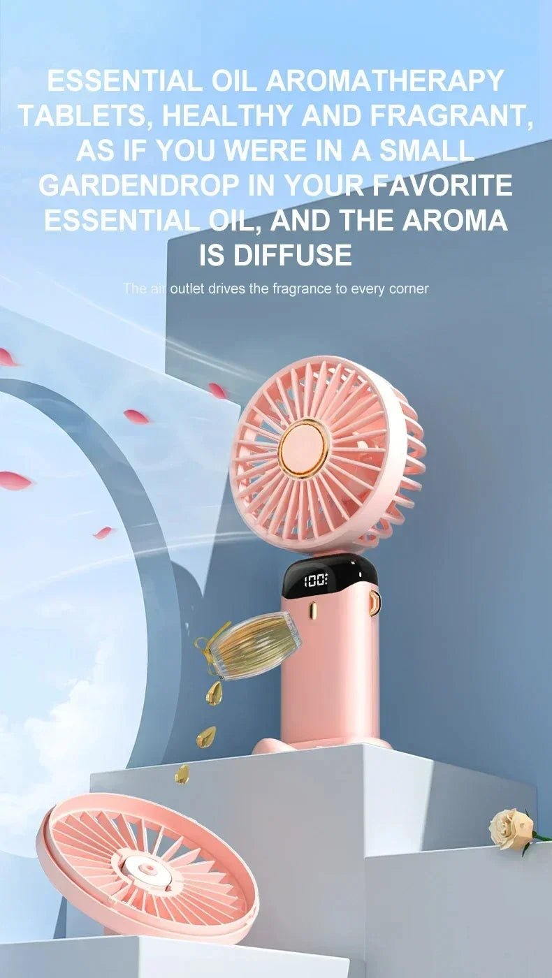 5-Speed Rechargeable Handheld Fan with LED Display & Aromatherapy