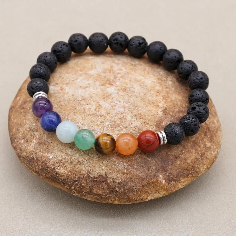 Natural Stone Beaded Charm Bracelet — Lava, 7 Chakra, Labradorite, Ceramic & More | Unisex