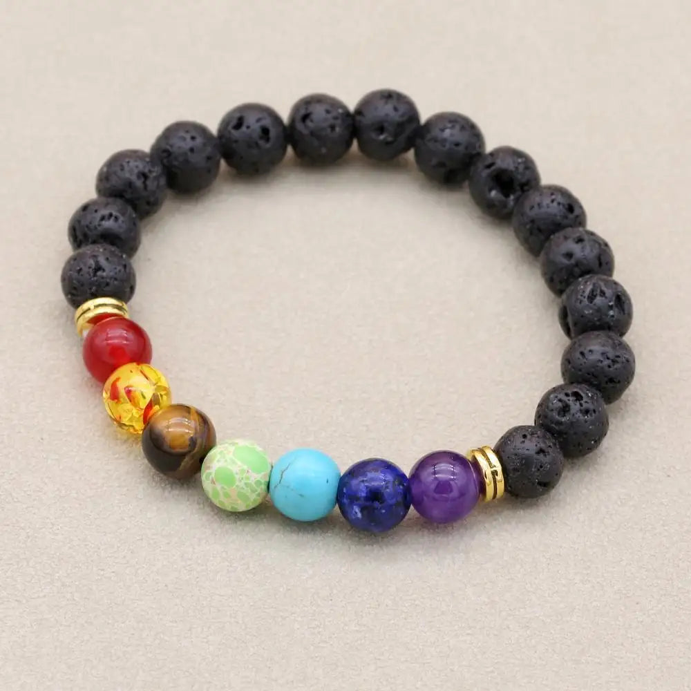 Natural Stone Beaded Charm Bracelet — Lava, 7 Chakra, Labradorite, Ceramic & More | Unisex