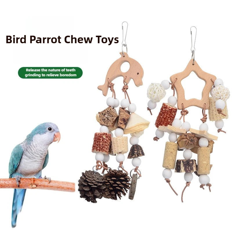 Natural Parrot Bird Toy Wooden Fruit nibble skewers pine cones corncob cork tooth grinding Cage Supplies Bird Accessories New