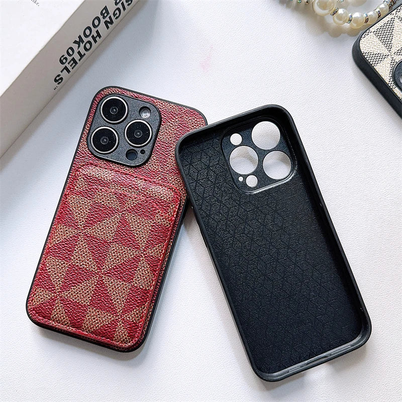 Luxury Triangular pattern Clip bag PU leather Case for iPhone 16 15 14 Phone Cover 13 12 11 Pro MAX Hard Shockproof Back Funda