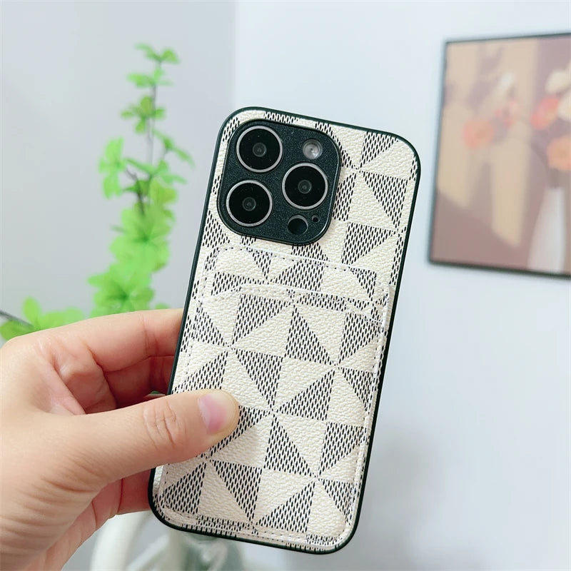 Luxury Triangular pattern Clip bag PU leather Case for iPhone 16 15 14 Phone Cover 13 12 11 Pro MAX Hard Shockproof Back Funda