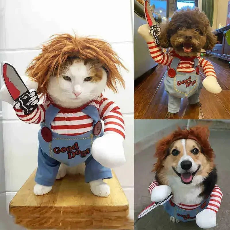 3-Piece Halloween Dog Cosplay Costume Set with Wig Hat & Prop