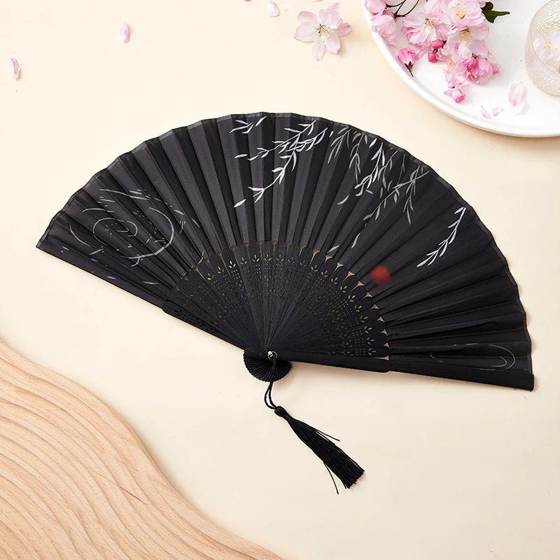 Retro Bamboo Folding Hand Fan - Black