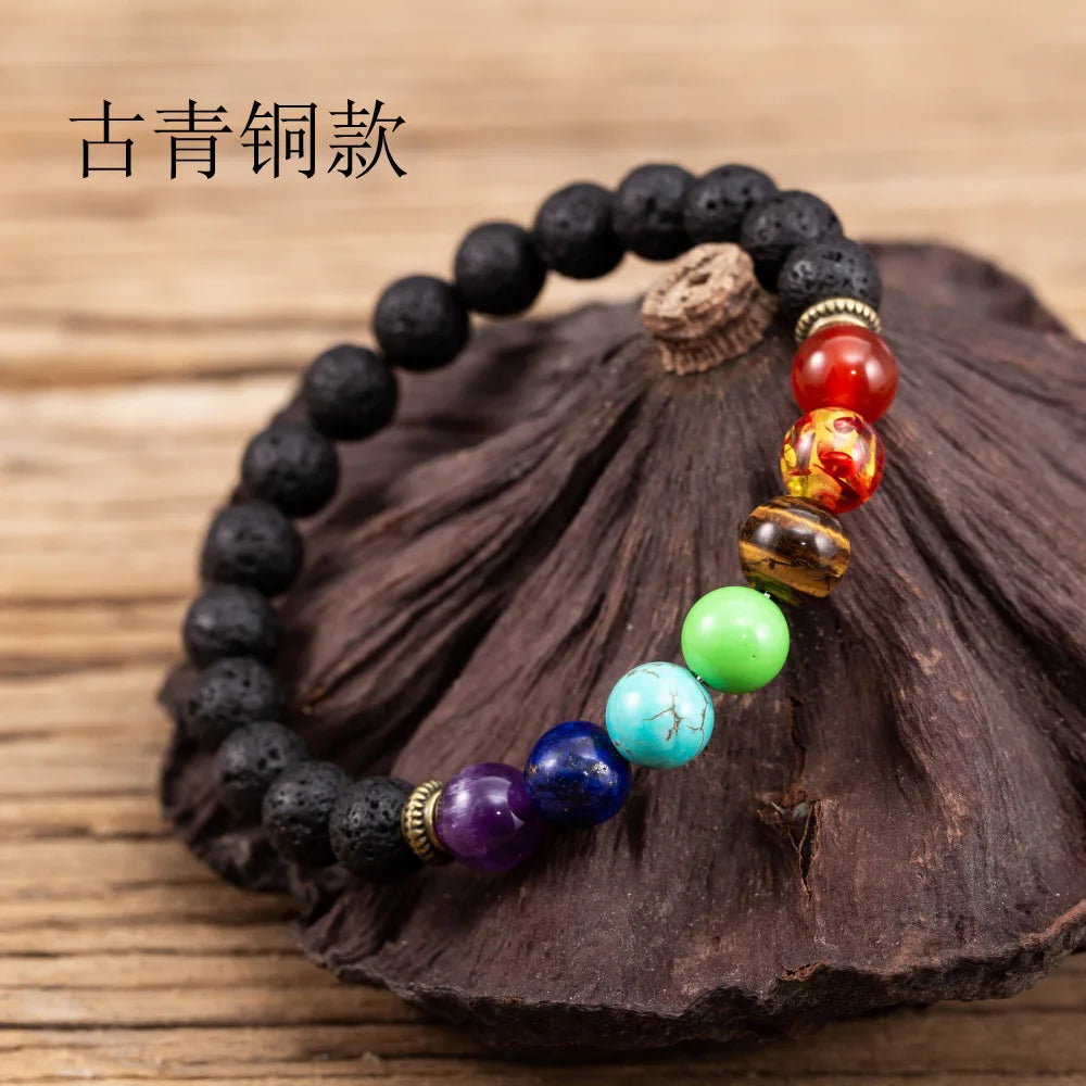 Natural Stone Beaded Charm Bracelet — Lava, 7 Chakra, Labradorite, Ceramic & More | Unisex