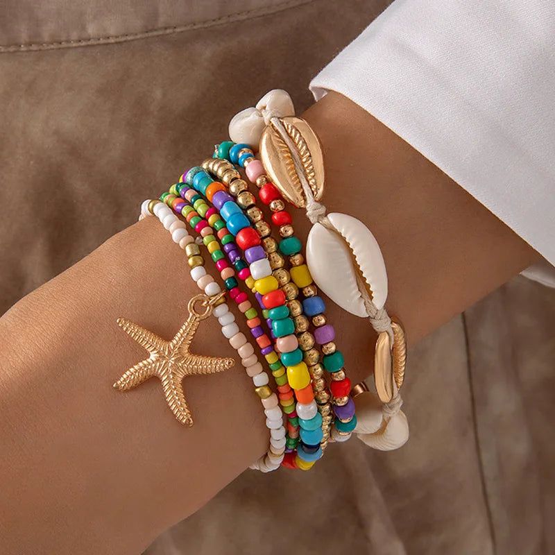 Bohemian Beach Bracelet Set – Layered Starfish & Shell Jewelry for Women