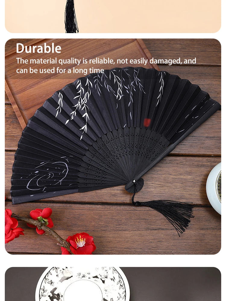 Retro Bamboo Folding Hand Fan - Black