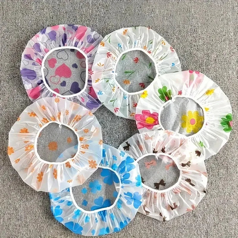 Set of 4 Waterproof Reusable Shower Caps - Adjustable Elastic, Printed Designs