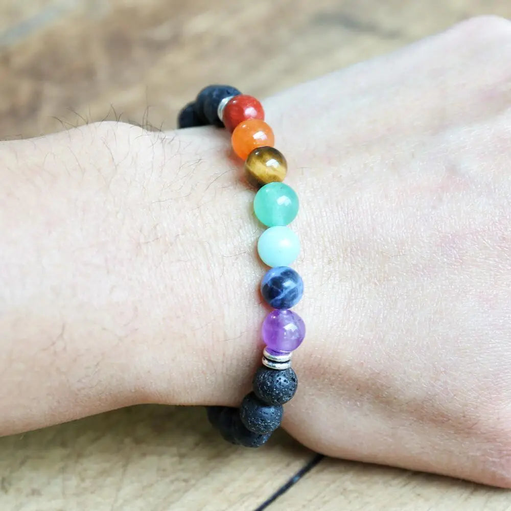 Natural Stone Beaded Charm Bracelet — Lava, 7 Chakra, Labradorite, Ceramic & More | Unisex