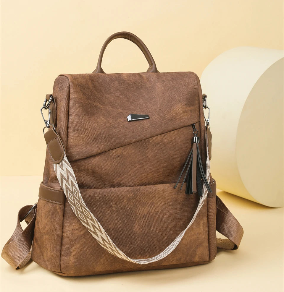 Women's PU Leather Backpack - Large Capacity Fashion Daypack with Tassel