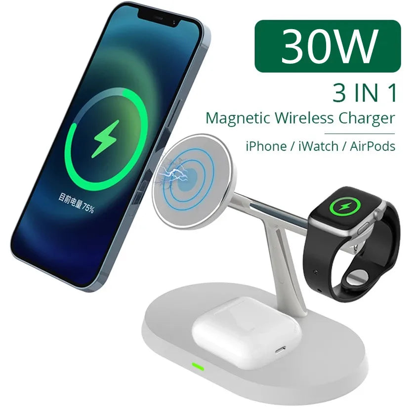 3-in-1 Magnetic Wireless Charger Stand | 30W Fast Charging for iPhone, Apple Watch & AirPods