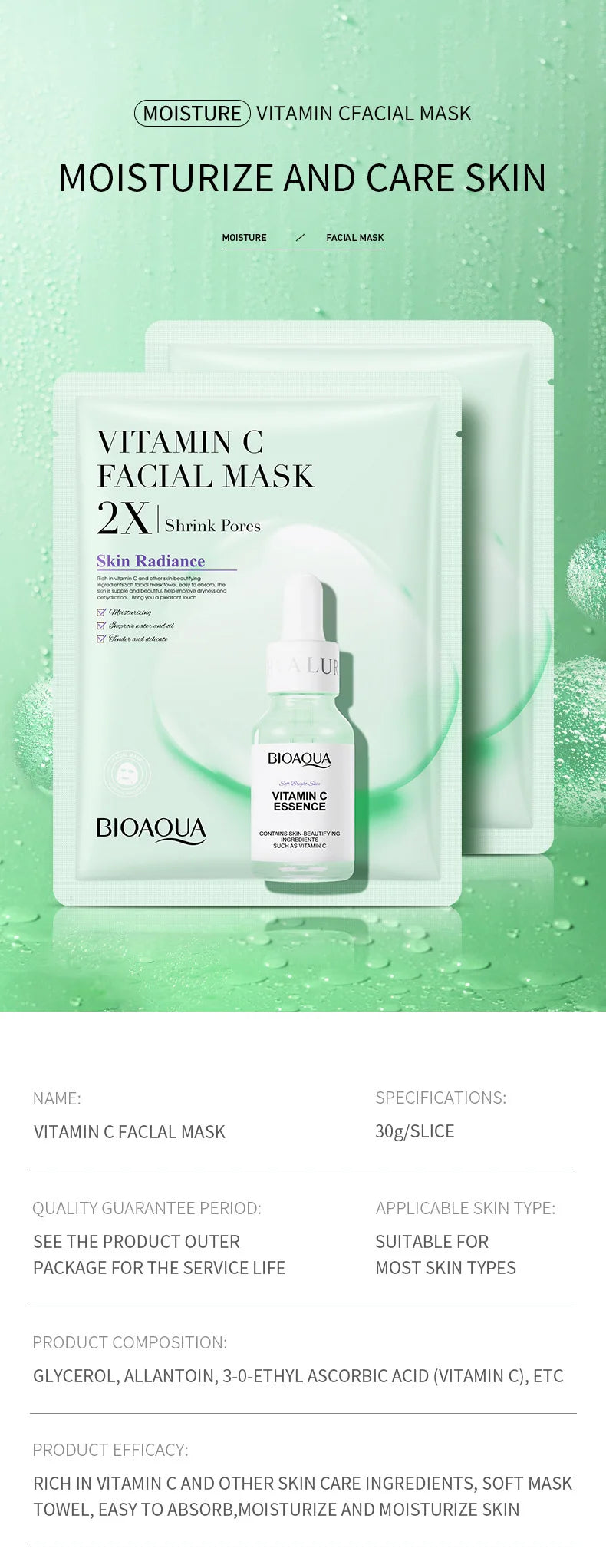 BIOAQUA 20-Piece Facial Sheet Mask Set - Vitamin C, Collagen, Hyaluronic Acid & More