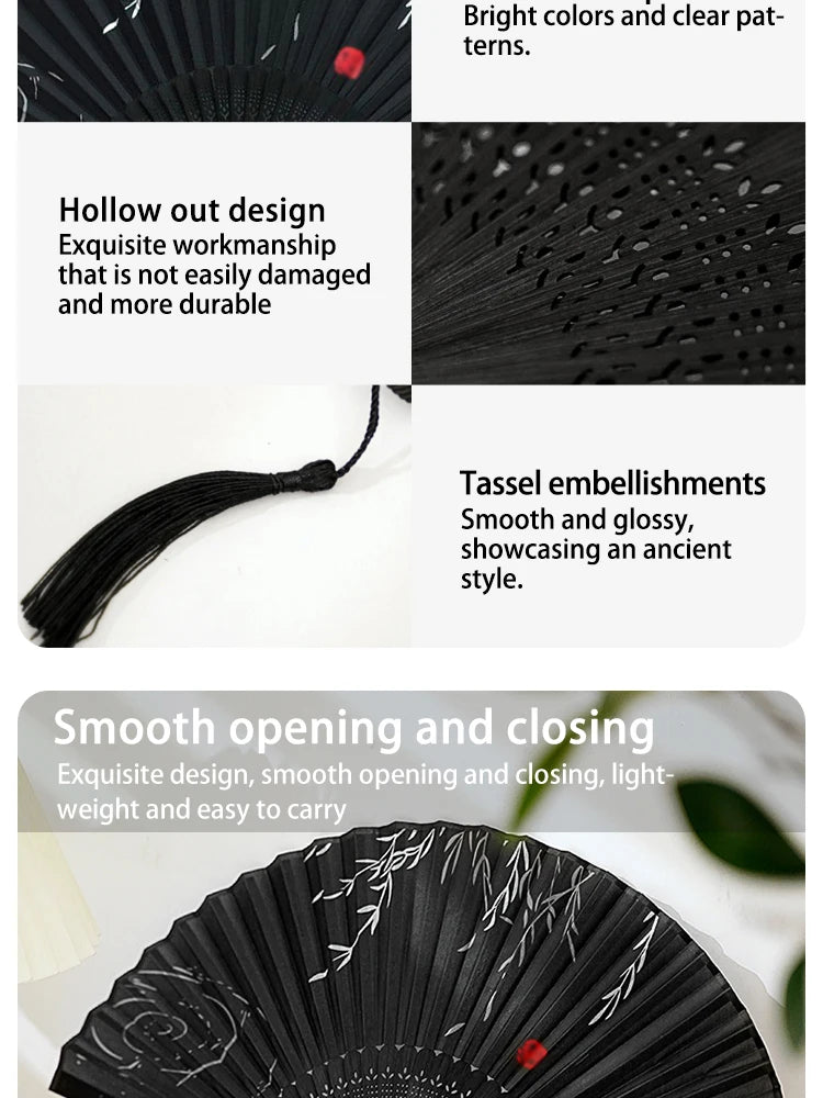 Retro Bamboo Folding Hand Fan - Black