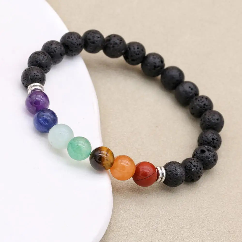 Natural Stone Beaded Charm Bracelet — Lava, 7 Chakra, Labradorite, Ceramic & More | Unisex