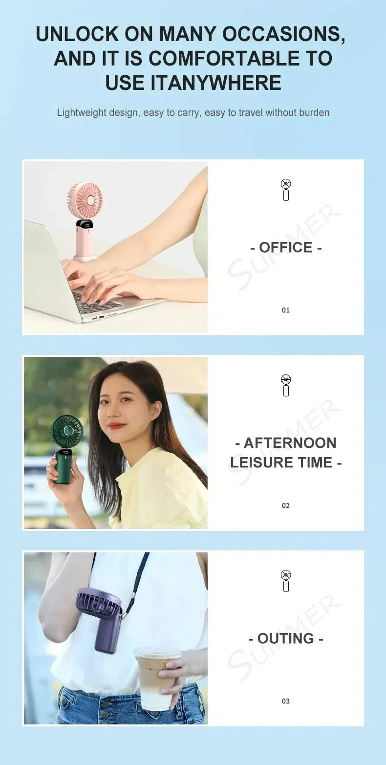 5-Speed Rechargeable Handheld Fan with LED Display & Aromatherapy