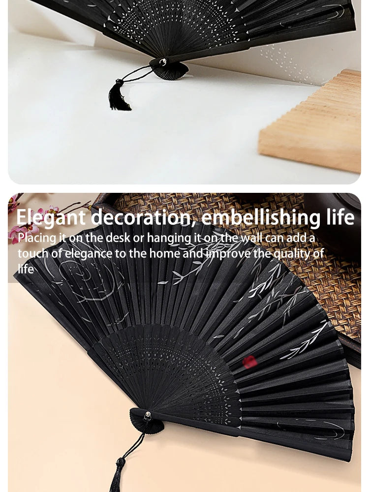 Retro Bamboo Folding Hand Fan - Black