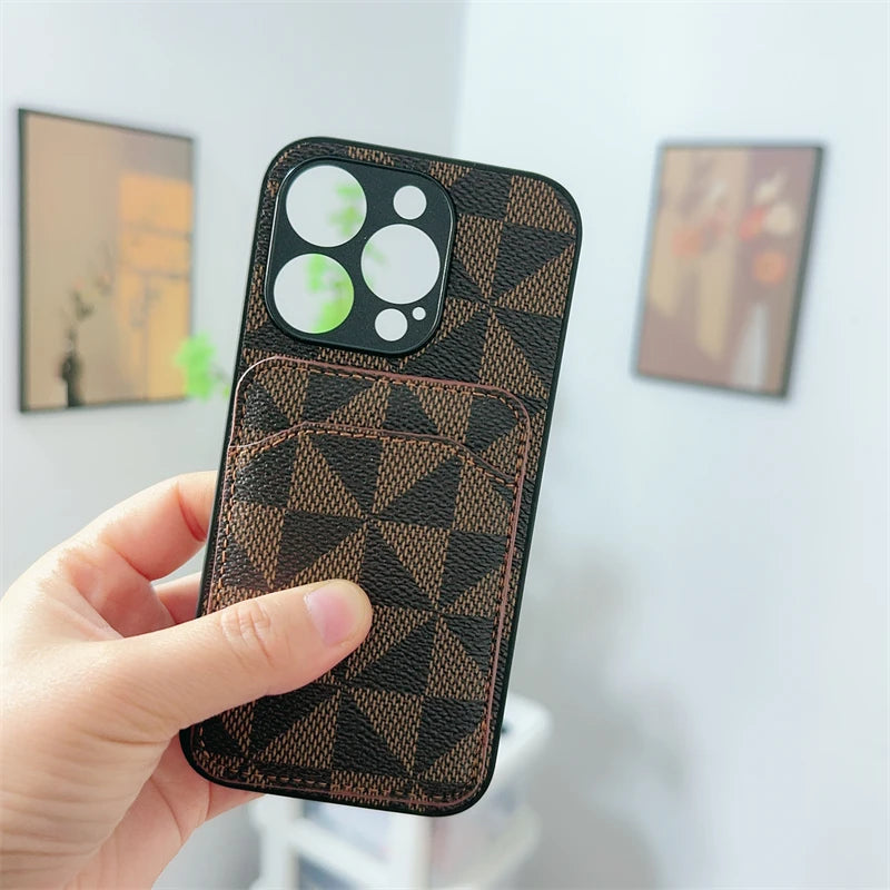 Luxury Triangular pattern Clip bag PU leather Case for iPhone 16 15 14 Phone Cover 13 12 11 Pro MAX Hard Shockproof Back Funda