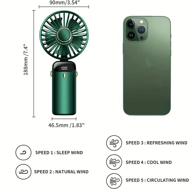 5-Speed Rechargeable Handheld Fan with LED Display & Aromatherapy