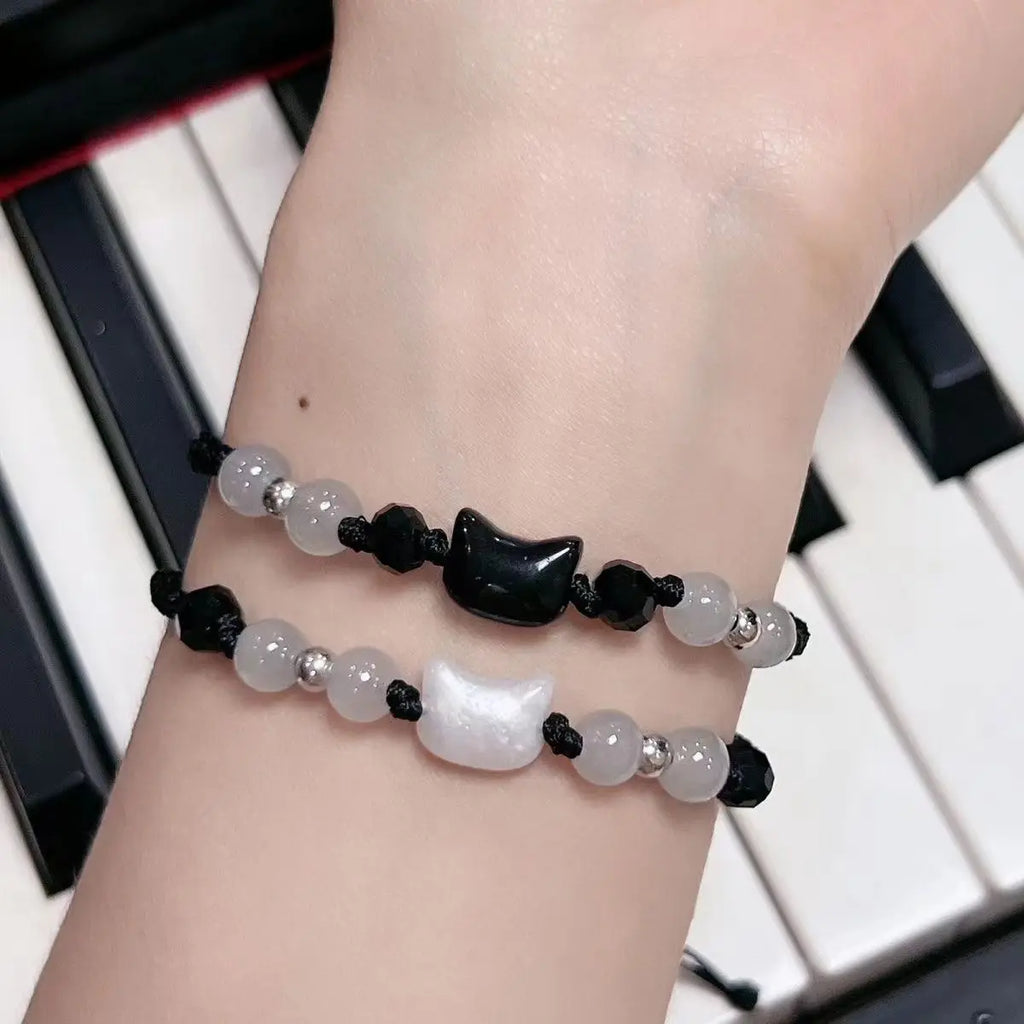Natural Moonstone Obsidian Bracelets Couple Minimalist Bracelet Handmade Cute Black White Cat Bracelet Party Jewelry Gifts