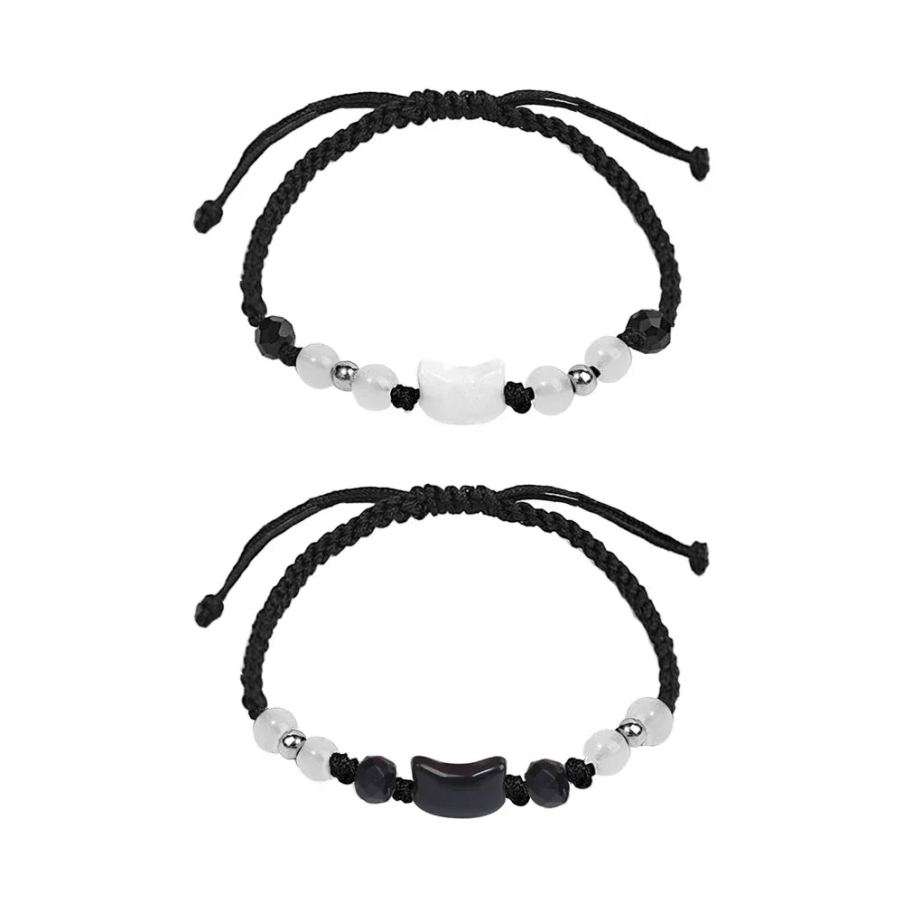 Natural Moonstone Obsidian Bracelets Couple Minimalist Bracelet Handmade Cute Black White Cat Bracelet Party Jewelry Gifts