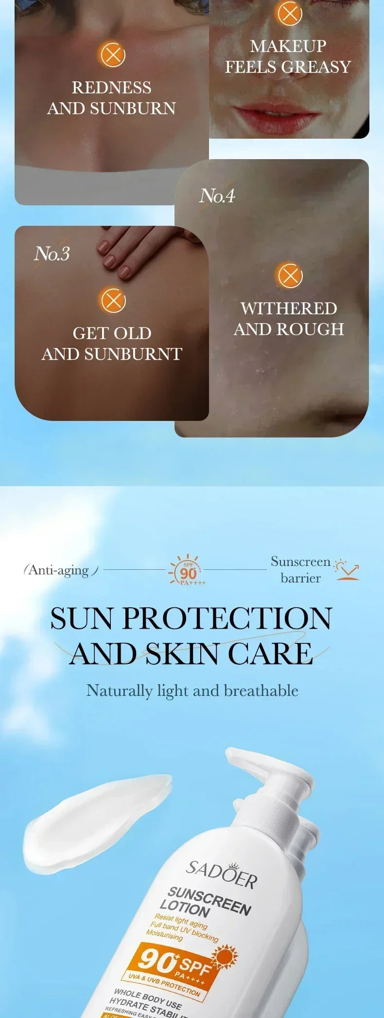 SPF90+ sunscreen, UV protection, whitening sunscreen, moisturizing, whitening, facial and body sunscreen, skin care, anti-aging