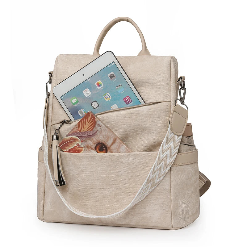 Women's PU Leather Backpack - Large Capacity Fashion Daypack with Tassel