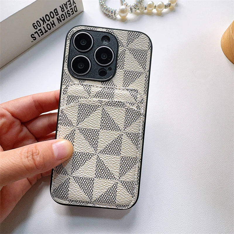 Luxury Triangular pattern Clip bag PU leather Case for iPhone 16 15 14 Phone Cover 13 12 11 Pro MAX Hard Shockproof Back Funda