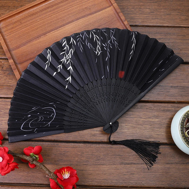 Retro Bamboo Folding Hand Fan - Black