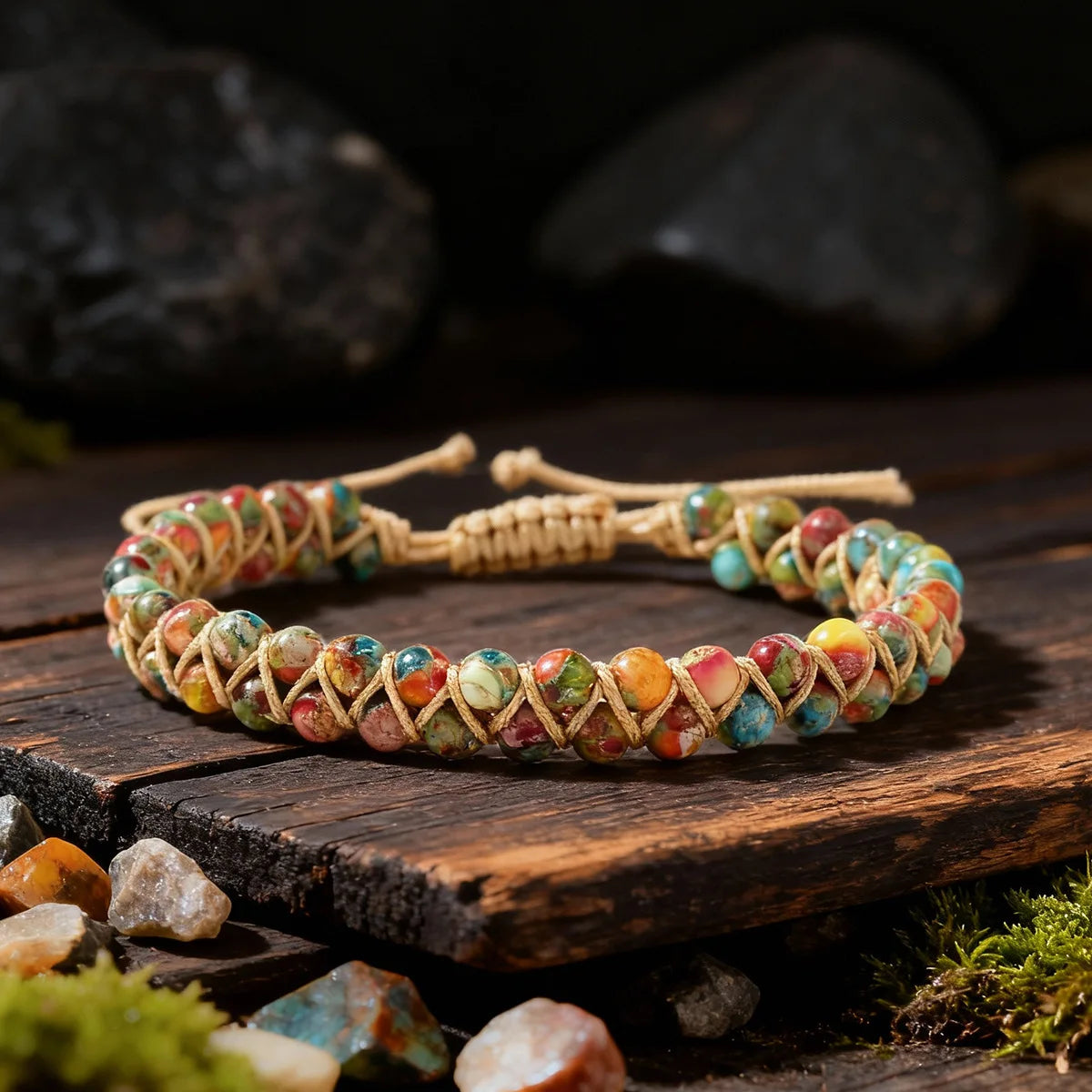 Bohemian Emperor Stone Wrap Bracelet – Braided Rope Natural Stone Bangle for Women