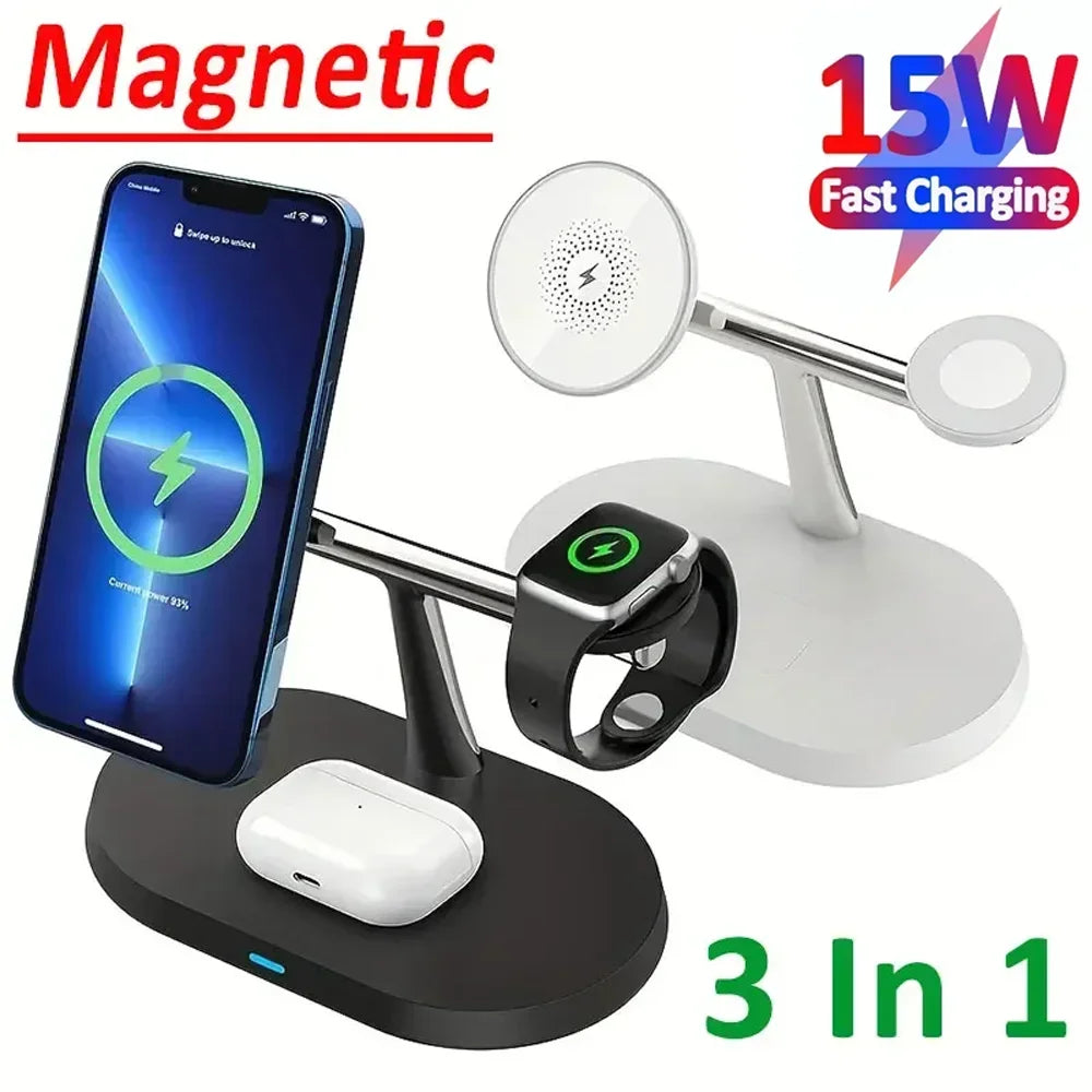 3-in-1 Magnetic Wireless Charger Stand | 30W Fast Charging for iPhone, Apple Watch & AirPods