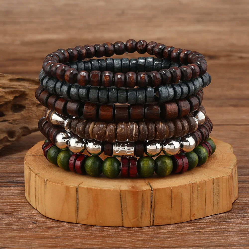 10-Piece Vintage Bohemian Wood Bracelet Set – Leaf Hot Stamp Wristwear for Men