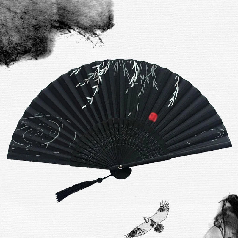 Retro Bamboo Folding Hand Fan - Black
