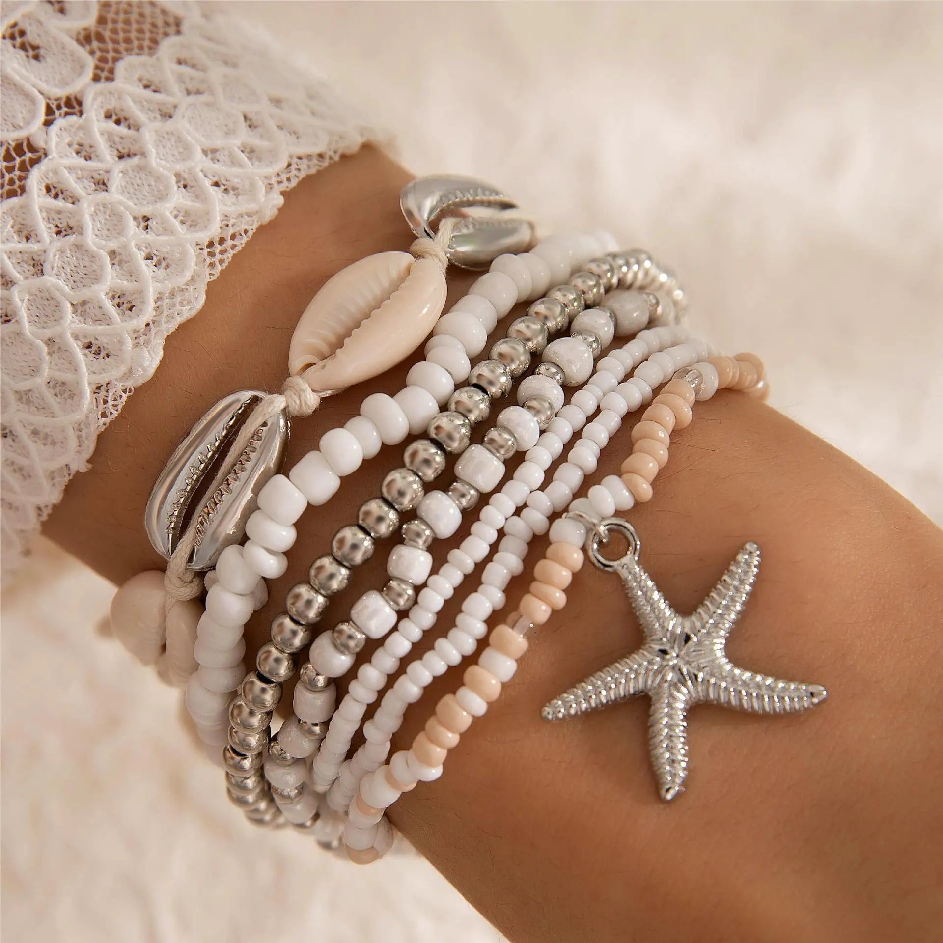 Bohemian Beach Bracelet Set – Layered Starfish & Shell Jewelry for Women
